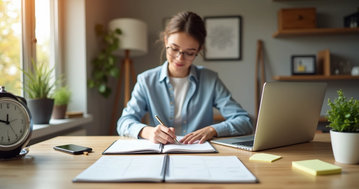 Pessoa organizando agenda com relógio ao lado em ambiente calmo de trabalho 