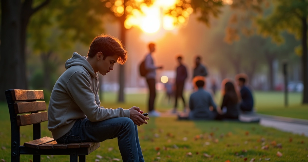 Pessoa em um banco dividida entre o silêncio interior e a interação com o grupo ao fundo 