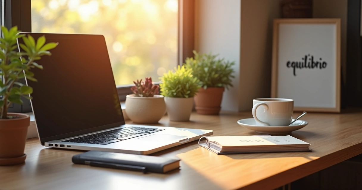 Mesa com laptop fechado, agenda, uma planta, xícara de chá e um quadro com a palavra equilíbrio, ambiente acolhedor 