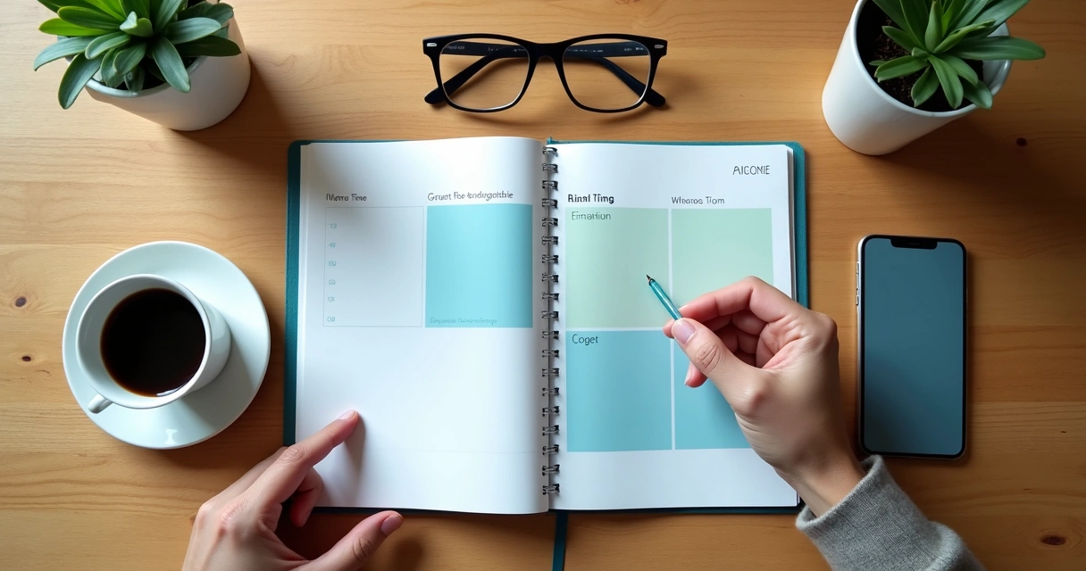 Pessoa organizando agenda com itens de trabalho e descanso