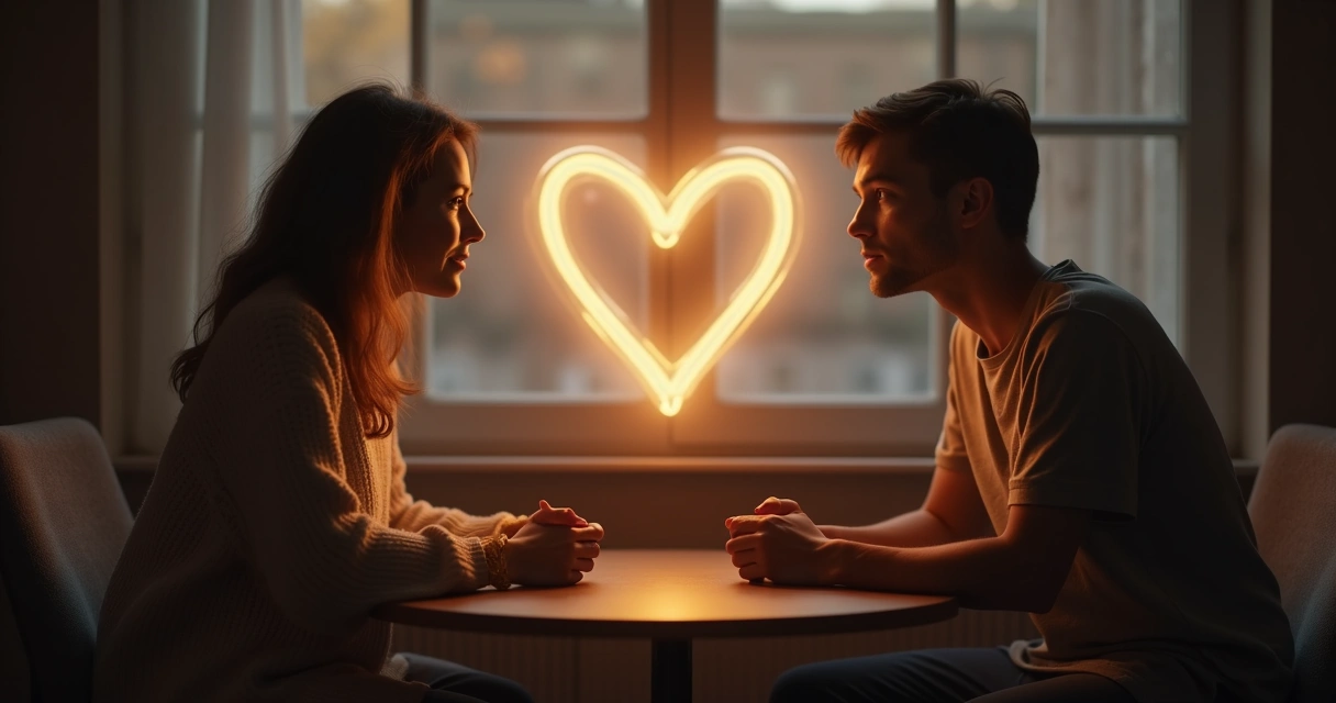 Laço simbólico conectando duas pessoas em diálogo, ambiente acolhedor, sutil luz e cores suaves 