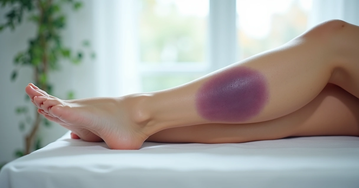 Equimose roxa em perna feminina com focos amarelados ao redor da mancha 