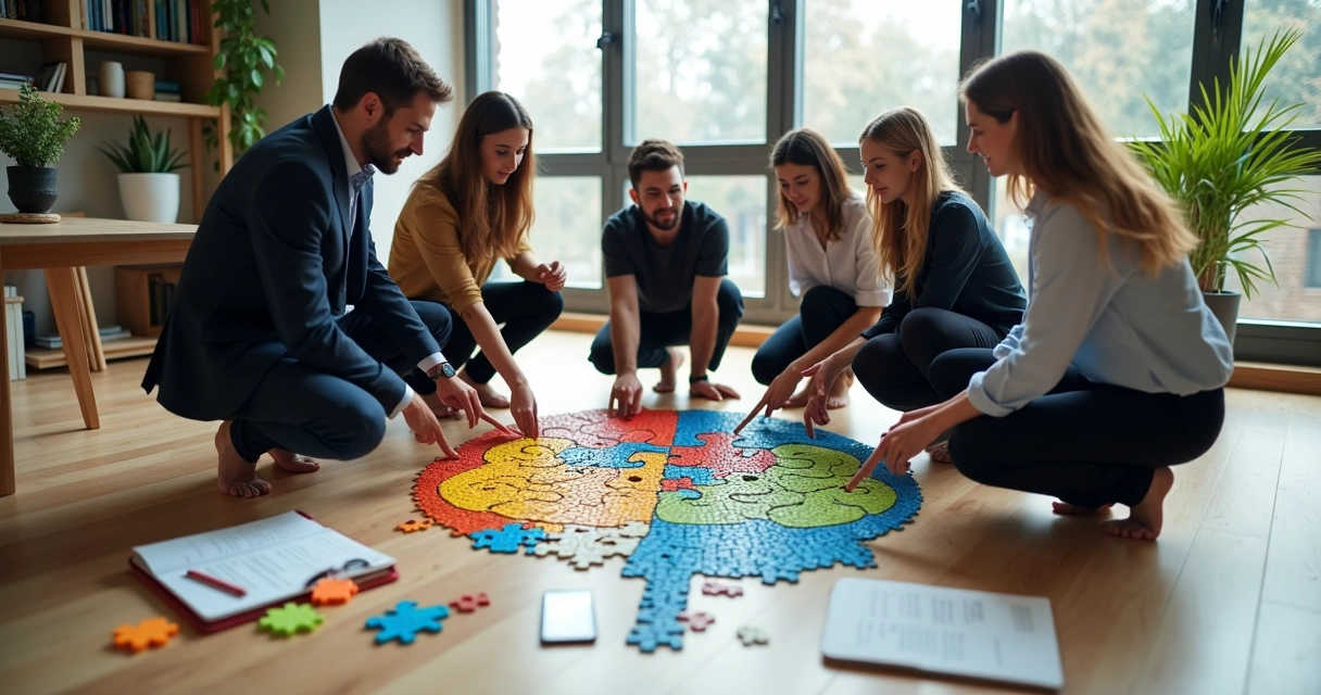 Equipe monta grande quebra-cabeça colorido em formato de cérebro no chão de escritório 