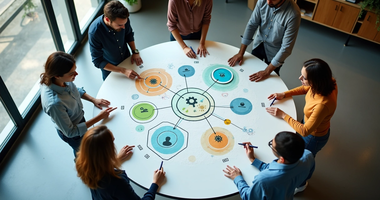 Equipe diversa em pé ao redor de grande tabuleiro colaborativo com círculos conectados por linhas coloridas 
