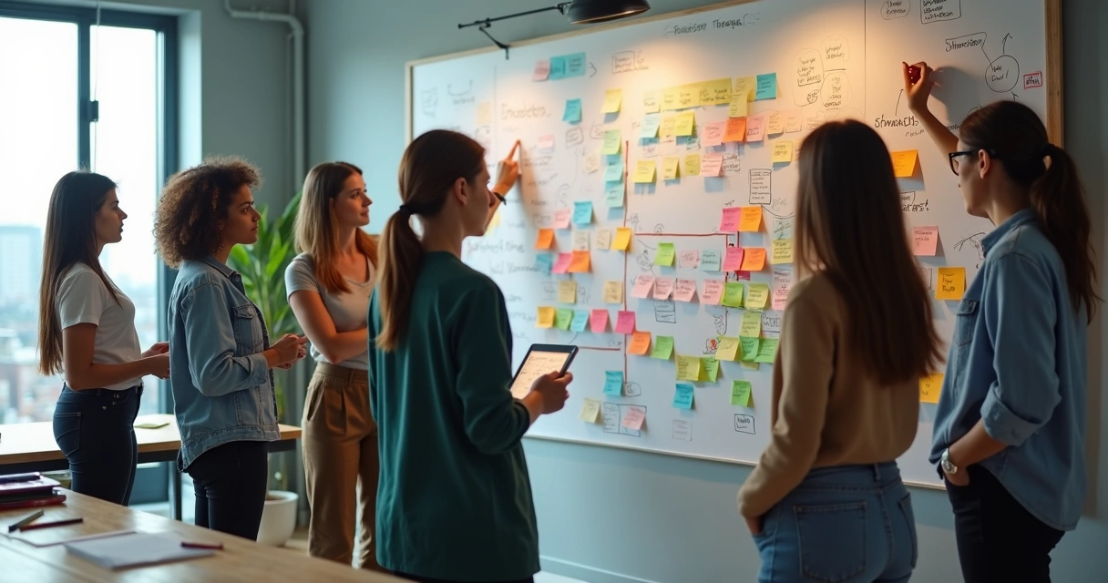 Equipe diversa colando post-its coloridos em painel de coaching coletivo 