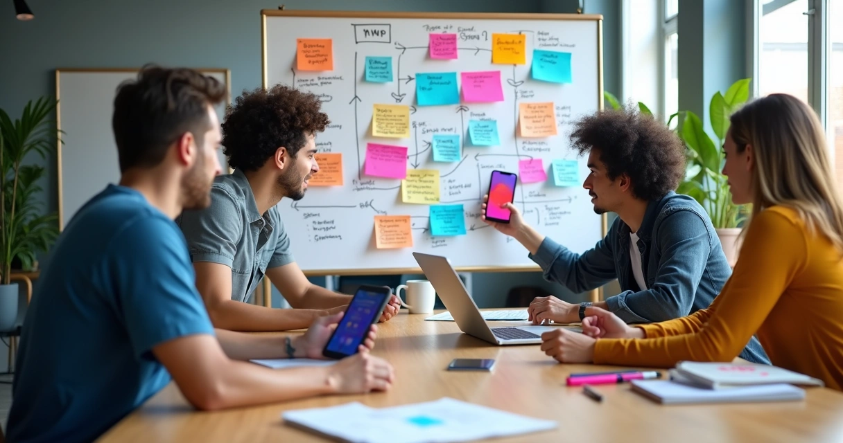 Equipe diversa criando aplicativo com protótipo em quadro de etapas 