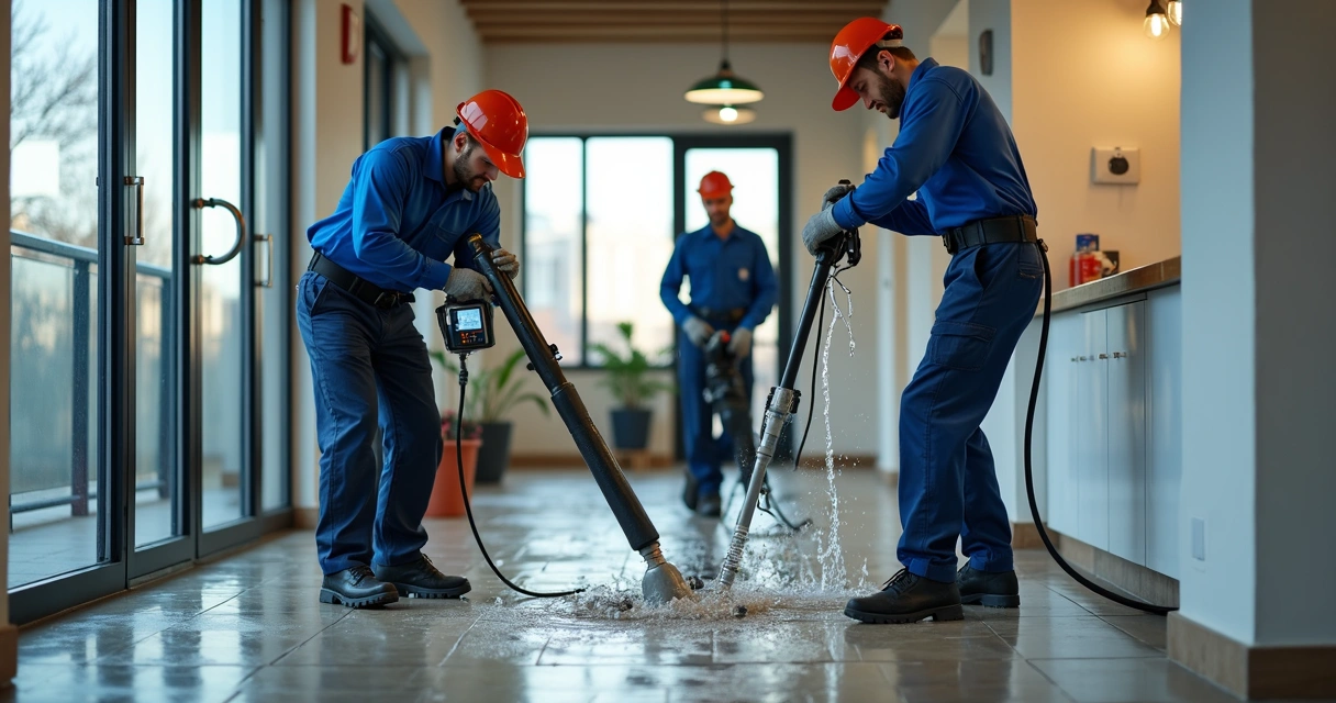 Equipa de desentupidores a intervir num prédio residencial 