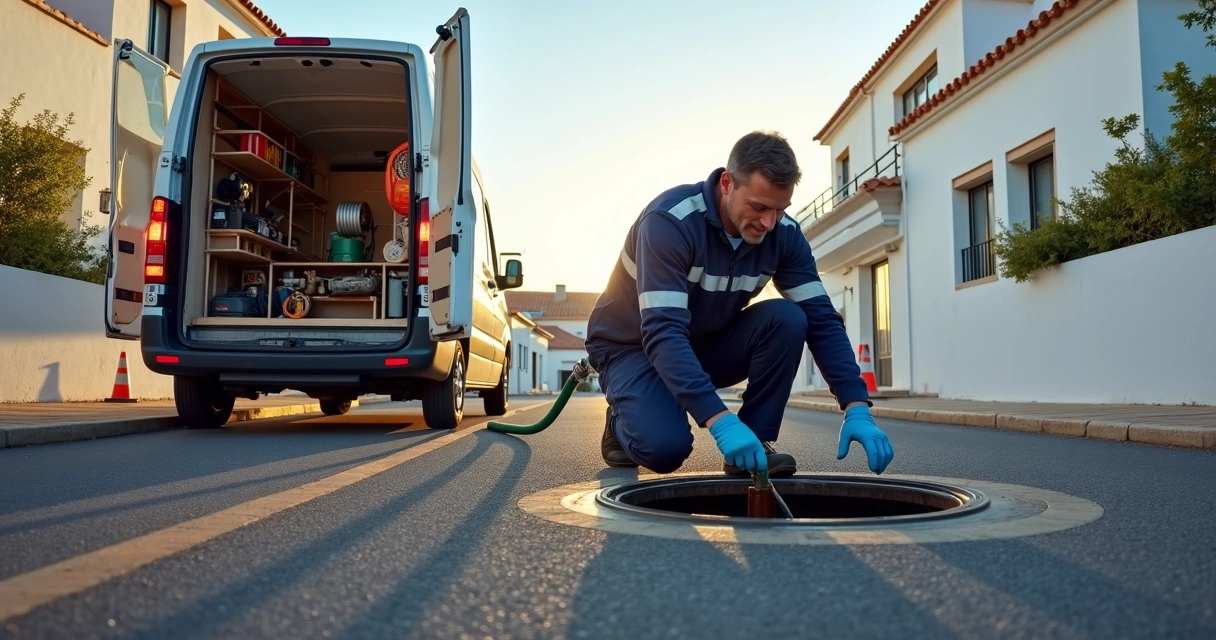 Equipa profissional de desentupimento esgoto a trabalhar em rua residencial 