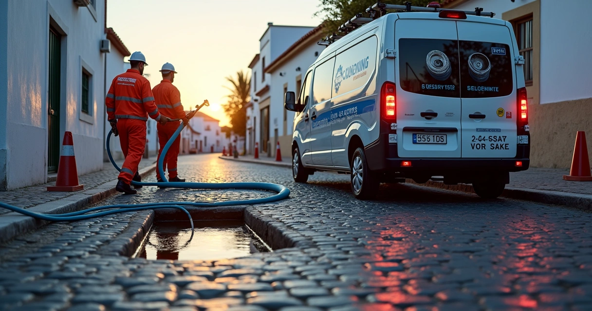 Equipa de desentupimento a usar hidrojato numa rua do Algarve 
