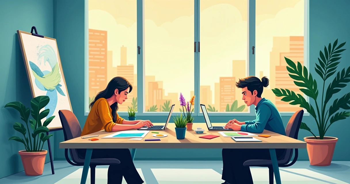 Equipe criativa em escritório moderno trabalhando em design por assinatura, colaborando em laptops e esboços.