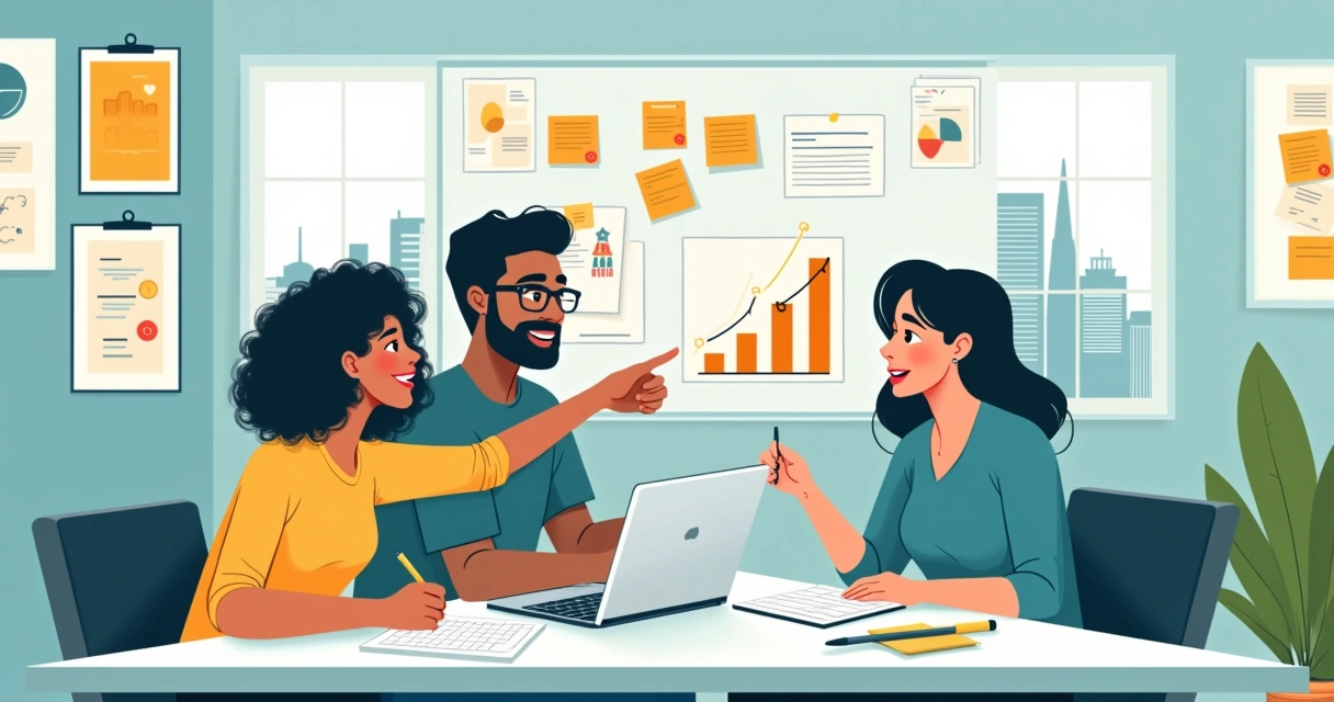 Equipa diversa em reunião colaborativa com tablet e notepad em ambiente de escritório iluminado.