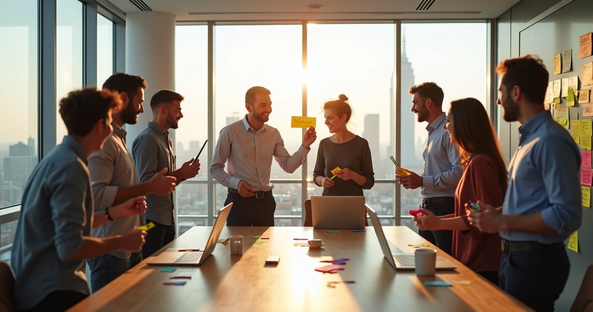 Equipe diversa em escritório moderno rindo durante dinâmica com post-its coloridos 