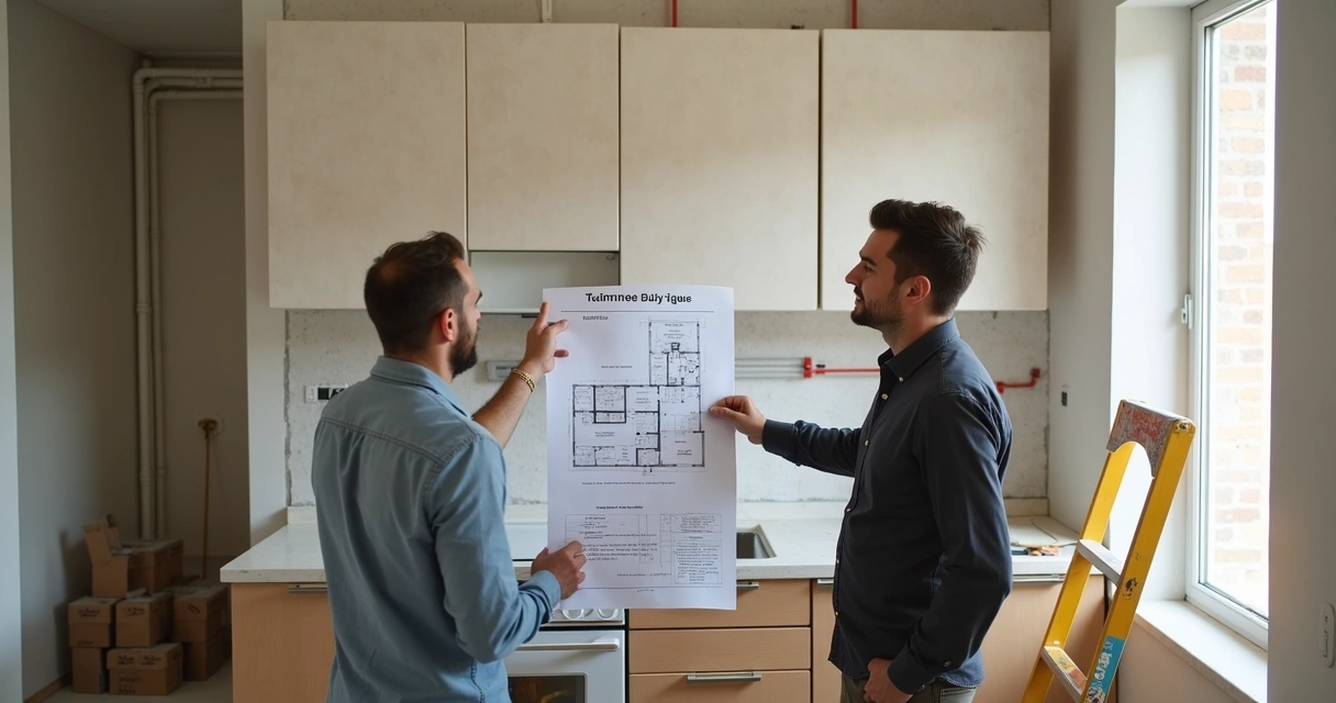 Equipa de obra a verificar documentos no interior da casa 