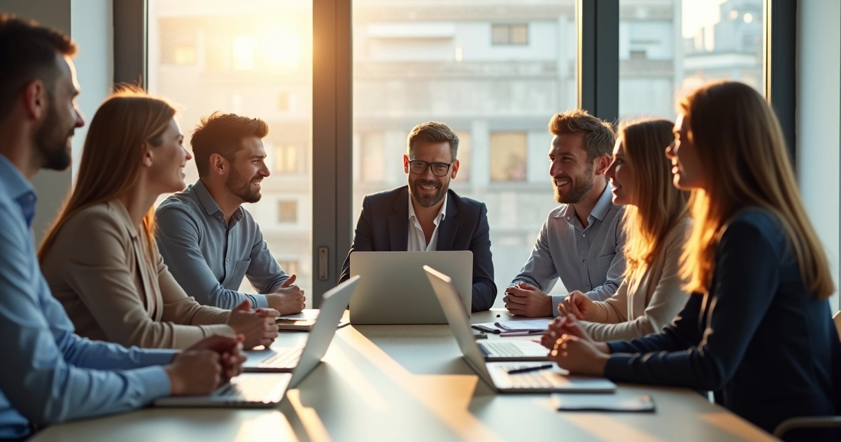 Grupo de colegas de trabalho trocando expressões faciais múltiplas numa reunião 