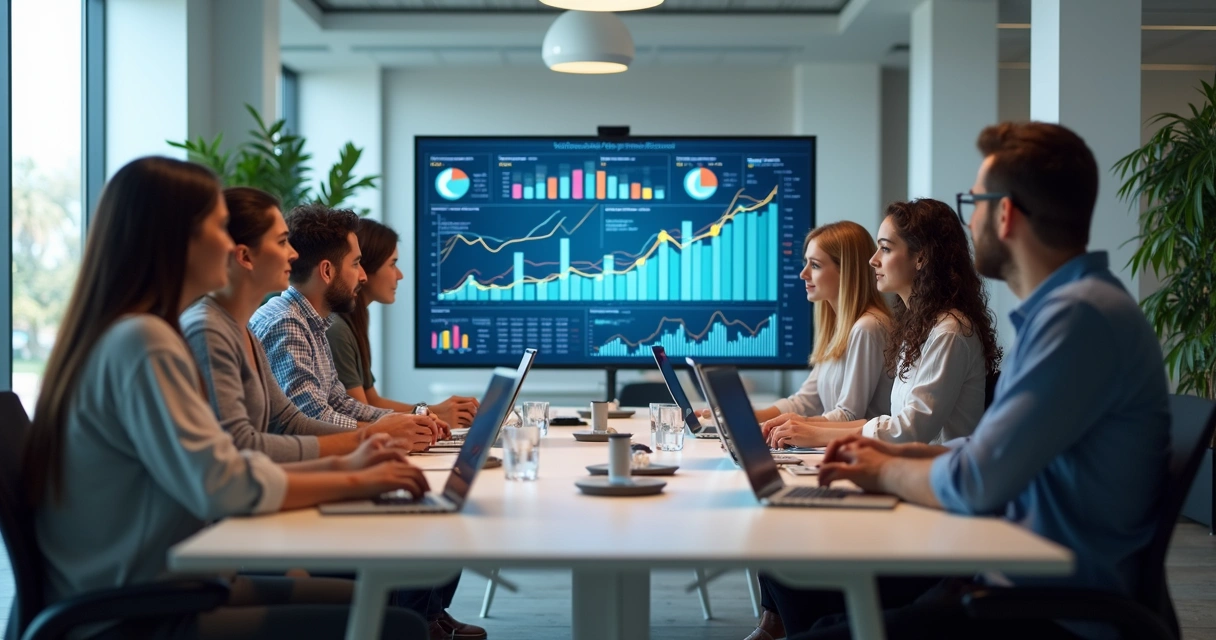 Equipa reunida em escritório moderno analisando gráficos de crescimento em tela grande 