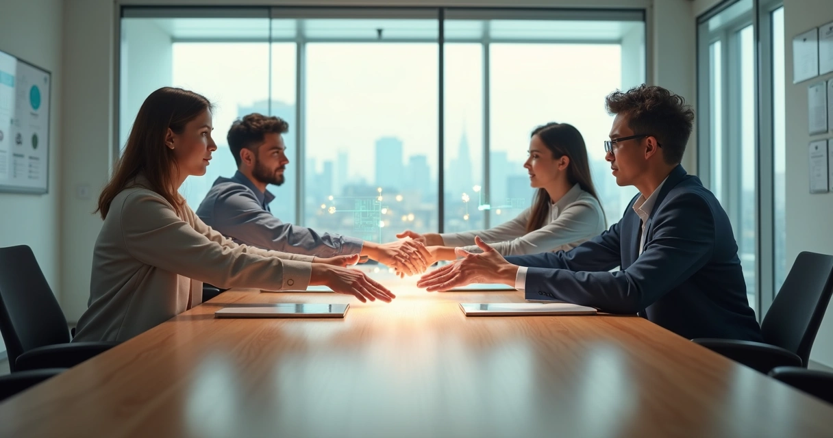 Colegas presenciais e remotos unindo as mãos sobre uma mesa com tela holográfica 