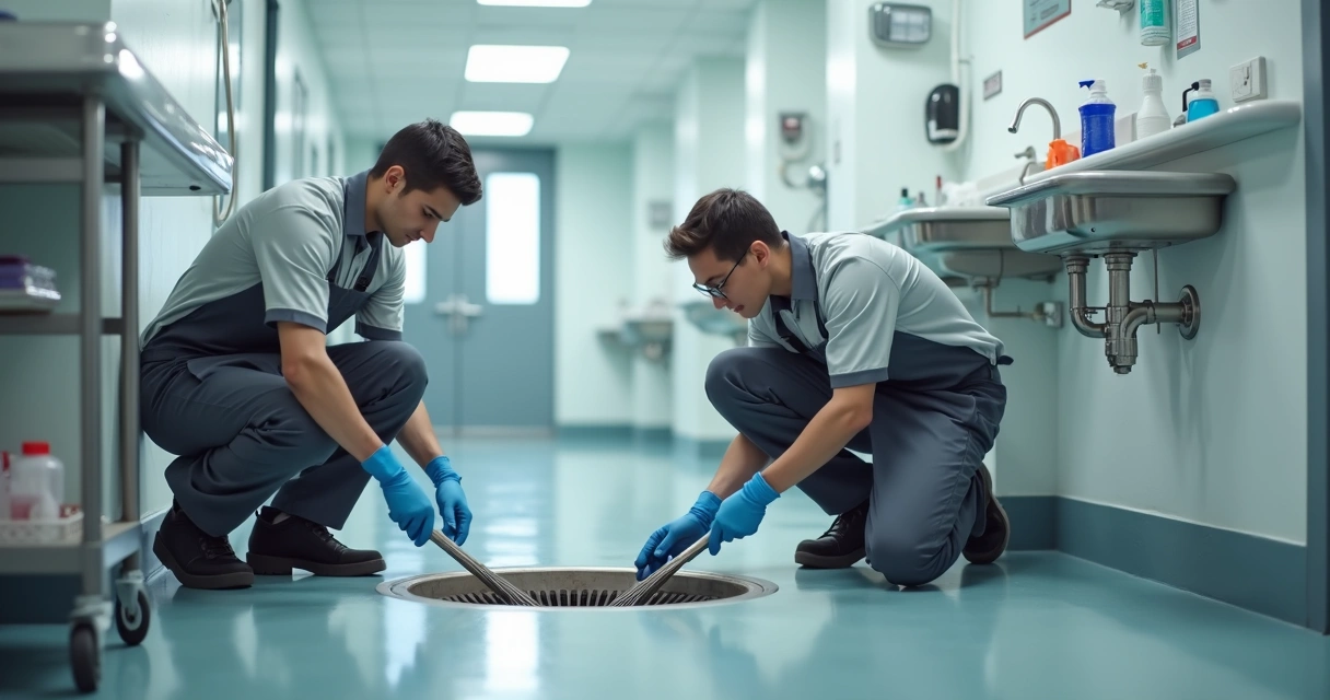 Equipa a limpar ralos em clínica veterinária 
