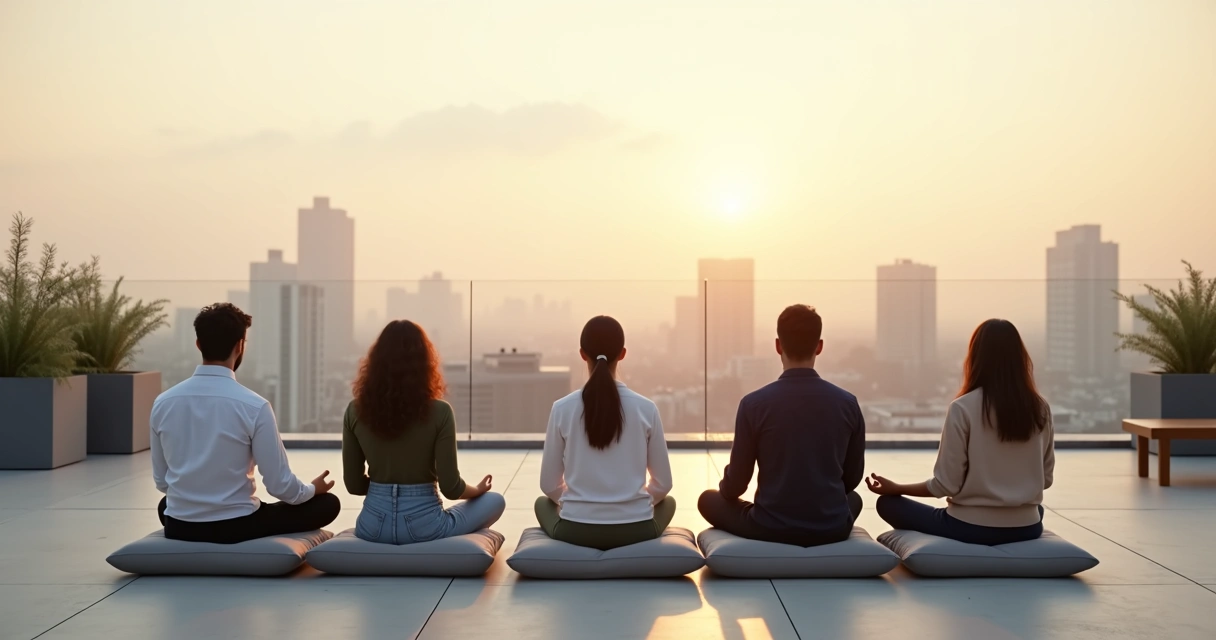 Equipa corporativa meditando em silêncio em terraço com vista para a cidade 
