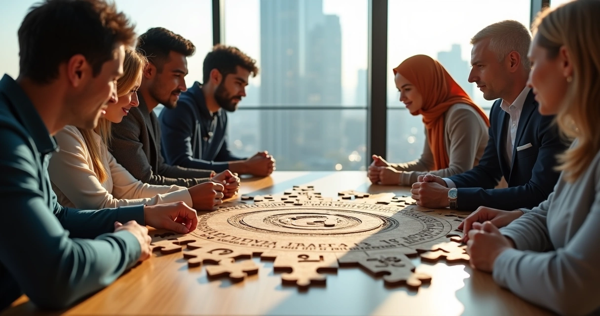 Equipe multicultural montando grande quebra-cabeça de valores éticos 