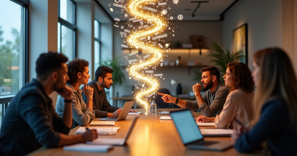 Equipe de trabalho cercada por palavras e símbolos formando uma espiral luminosa no ar 