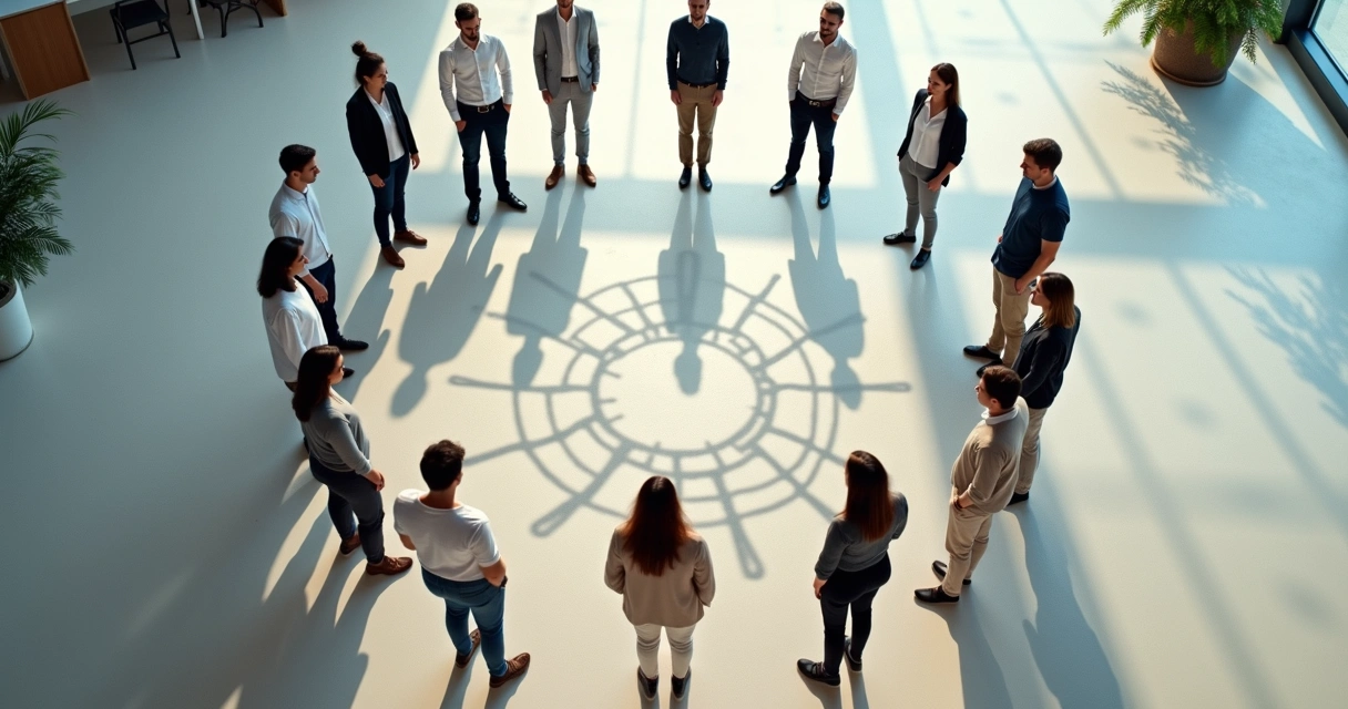 Equipe em círculo vista de cima com sombras projetando padrões geométricos no chão 
