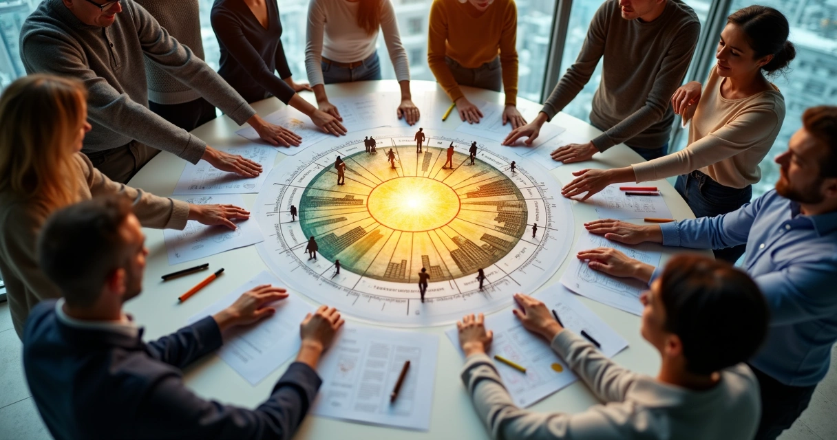 Grupo diverso em círculo construindo projeto coletivo com quadro central 