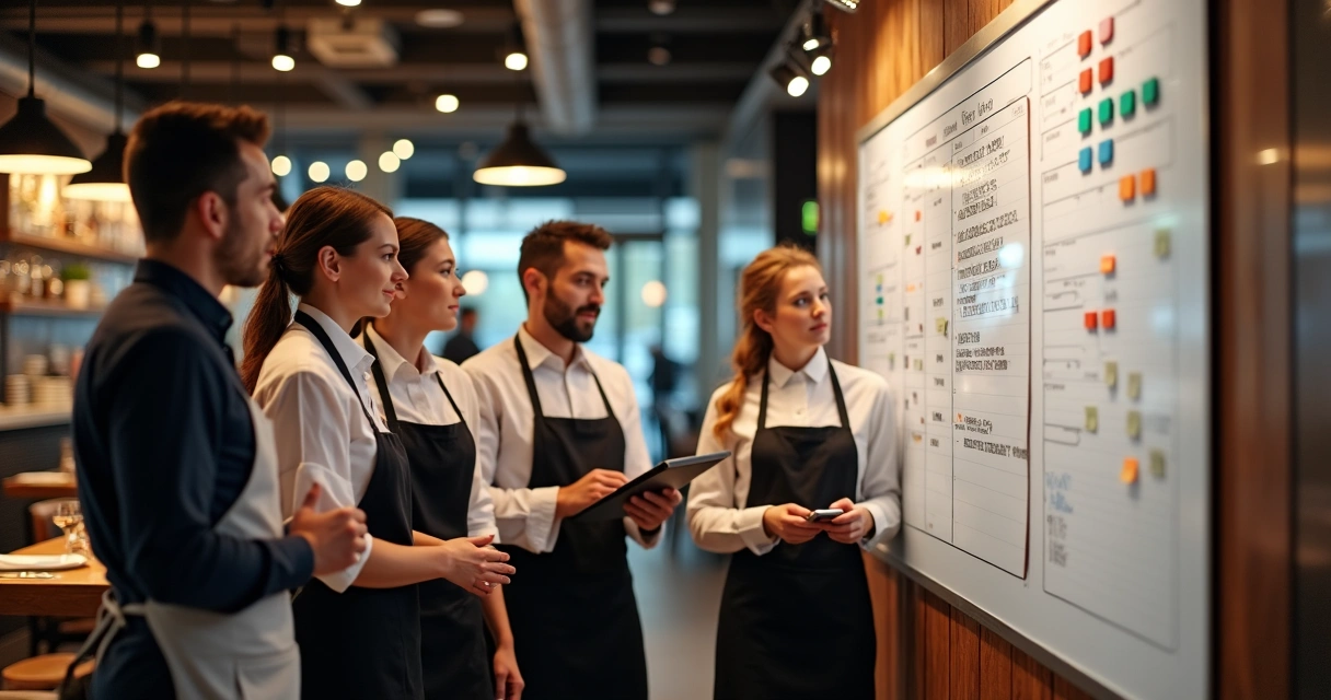 Equipe de restaurante alinhada em frente a um quadro de tarefas colorido 