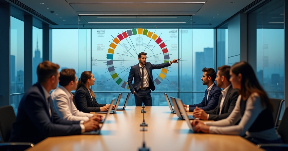 Líder em reunião olhando para mural de post-its com equipe parecendo presa em padrões repetitivos 