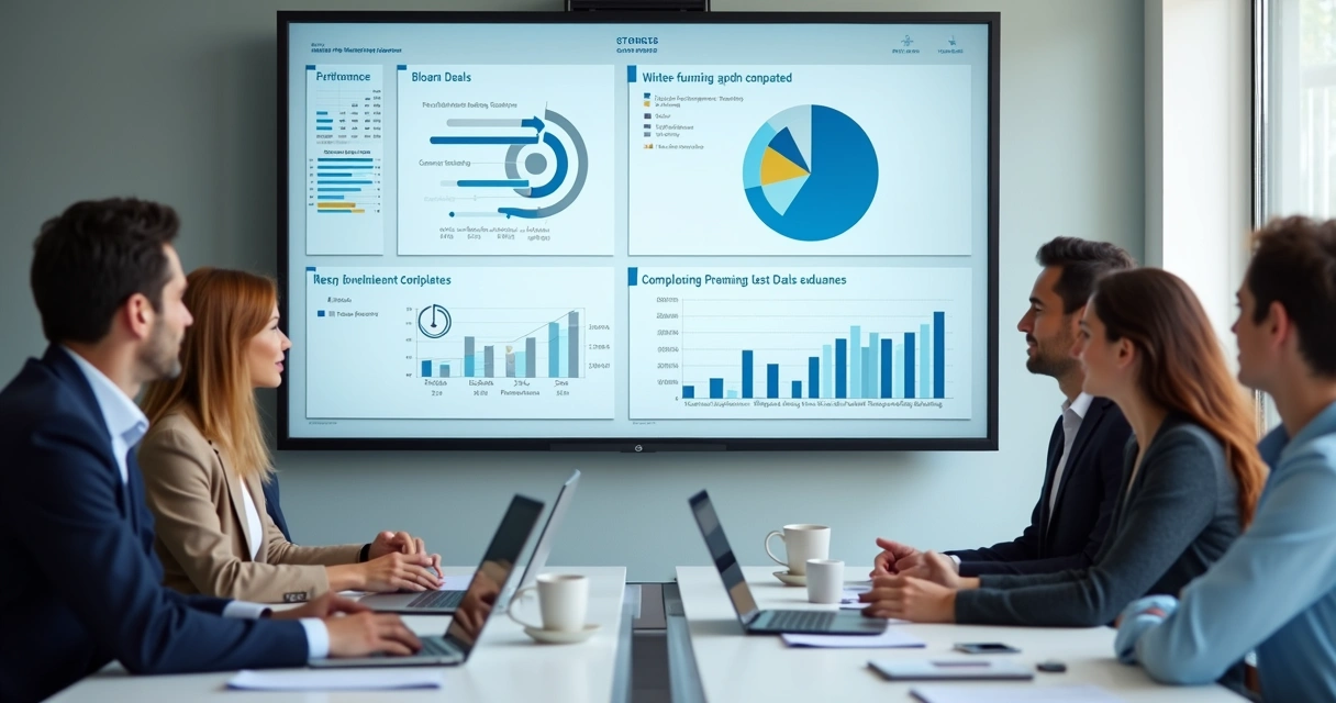 Equipa comercial em reunião olhando dashboard de vendas numa TV