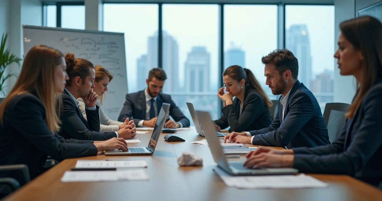 Equipe em reunião tensa em escritório moderno mostrando impacto de trauma organizacional coletivo 