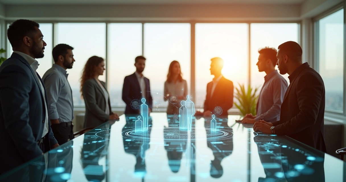 Equipe em escritório ao redor de mesa com silhuetas humanas projetadas como gráficos de valor 