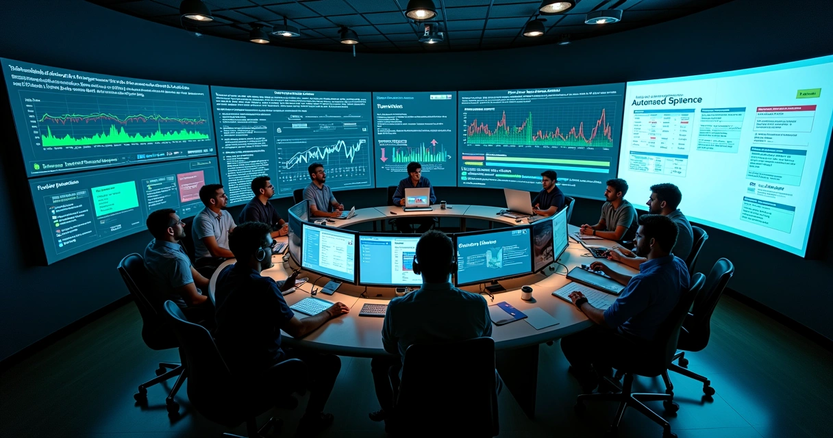 Equipe de TI monitorando painel digital com incidentes sendo resolvidos rapidamente 