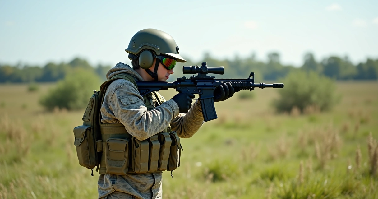 Soldado com equipamento básico de airsoft em campo aberto durante treino 