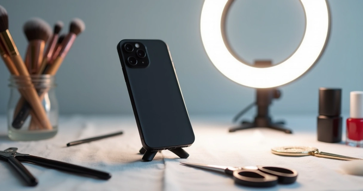 Celular, ring light e tripé em salão de beleza 