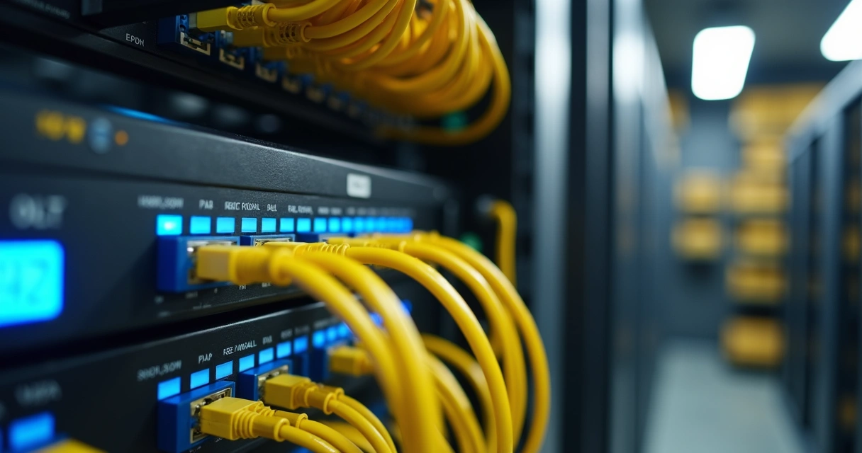 Equipamento de rede EPON em rack, cabos ópticos ligados ao equipamento 