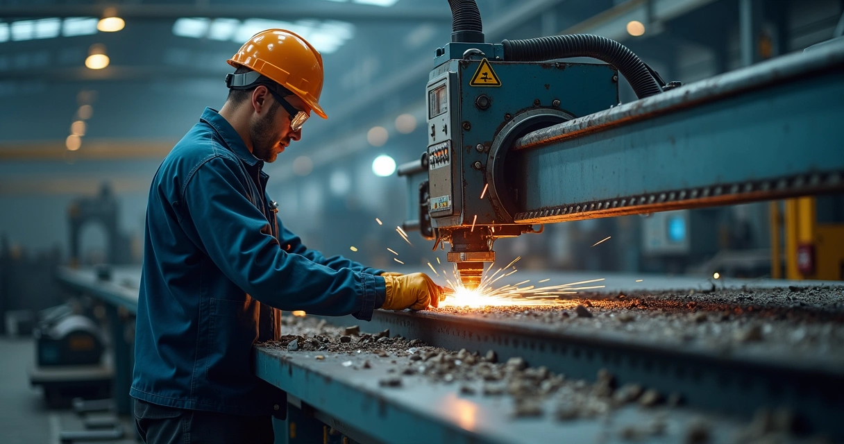 Operador ajustando máquina de corte industrial 