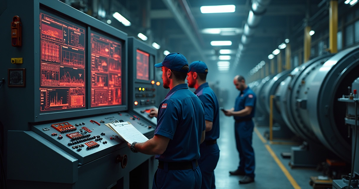 Máquina industrial parada com técnicos ao redor 