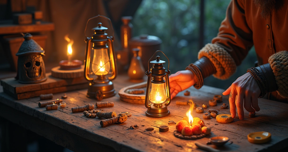 Jogador de Tibia preparando lanternas e tochas em inventário 