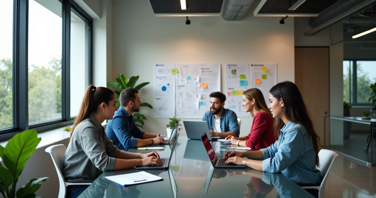 Equipe de marketing digital trabalhando em computadores modernos 