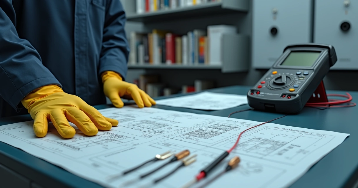 Bancada com instrumentos periciais de eletricidade sobre mesa clara 