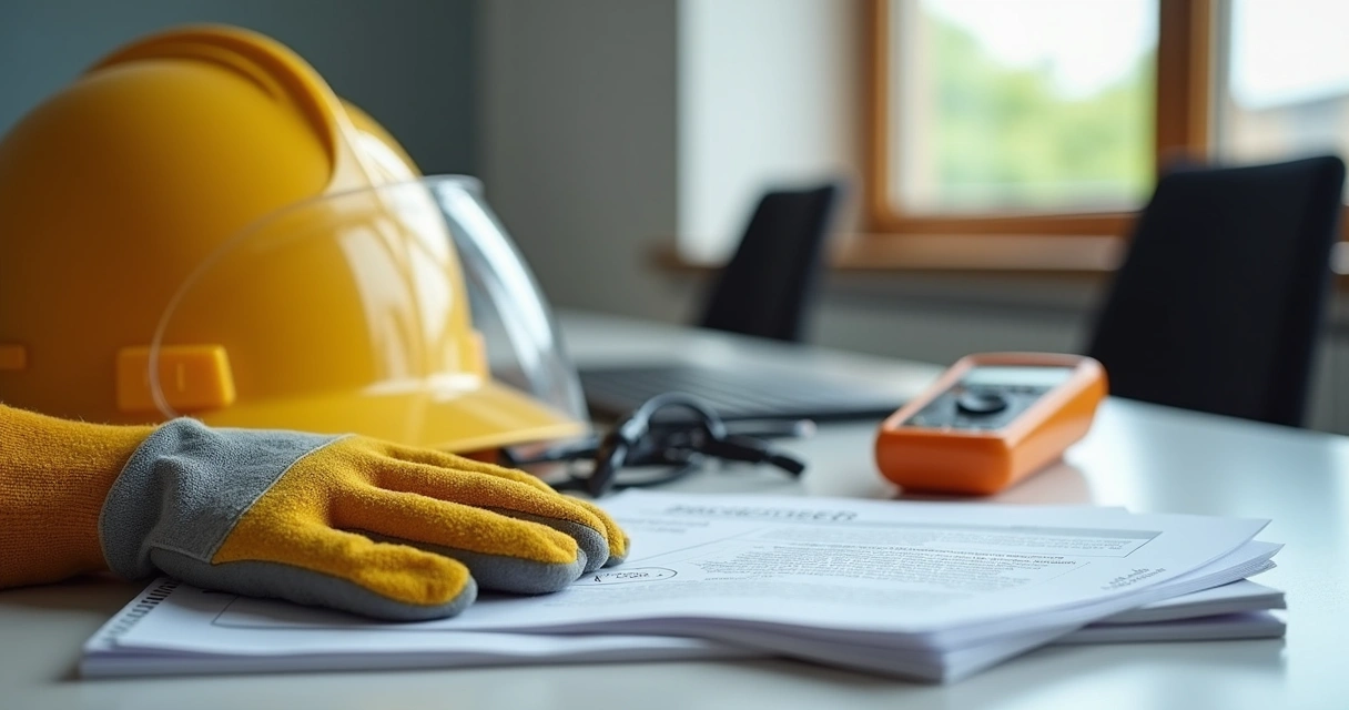 Equipamento de proteção elétrica NR10 sobre a mesa