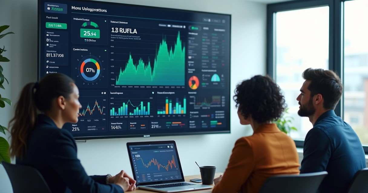 Equipe analisando dados financeiros em computador moderno 