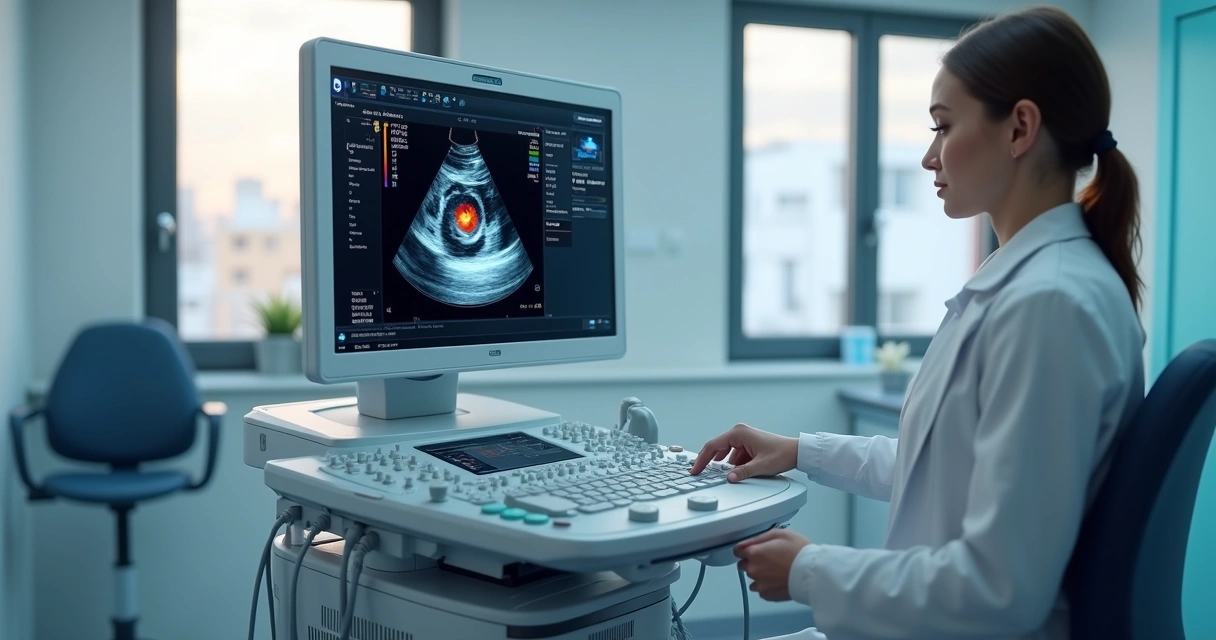Equipamento de ultrassom moderno com tela digital avançada em ambiente clínico iluminado 