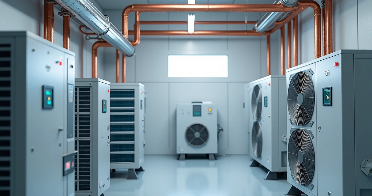 Equipamento de VRF instalado em sala técnica com tubulações visíveis 