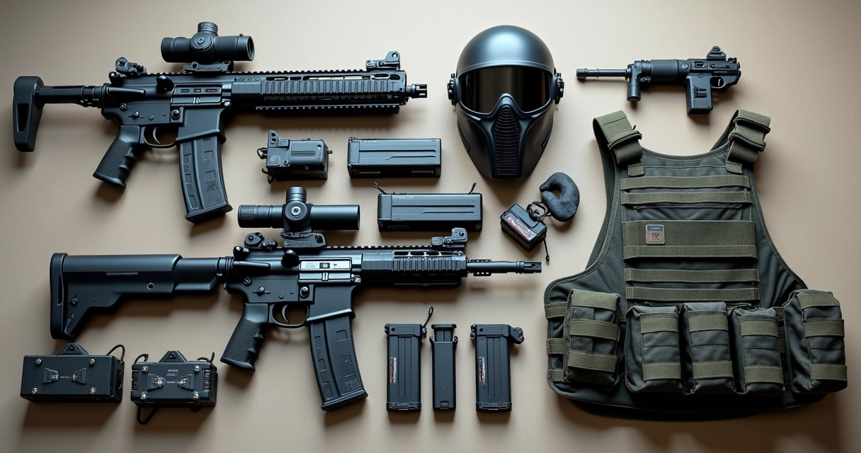 Conjunto completo de equipamentos de airsoft sobre fundo neutro, incluindo armas, colete tático, máscara de proteção, baterias e acessórios organizados 
