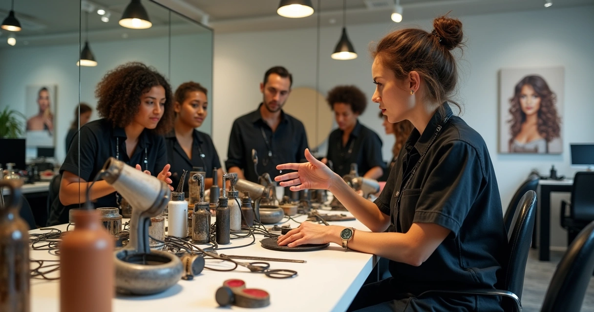 Equipe do salão avaliando equipamentos antigos 