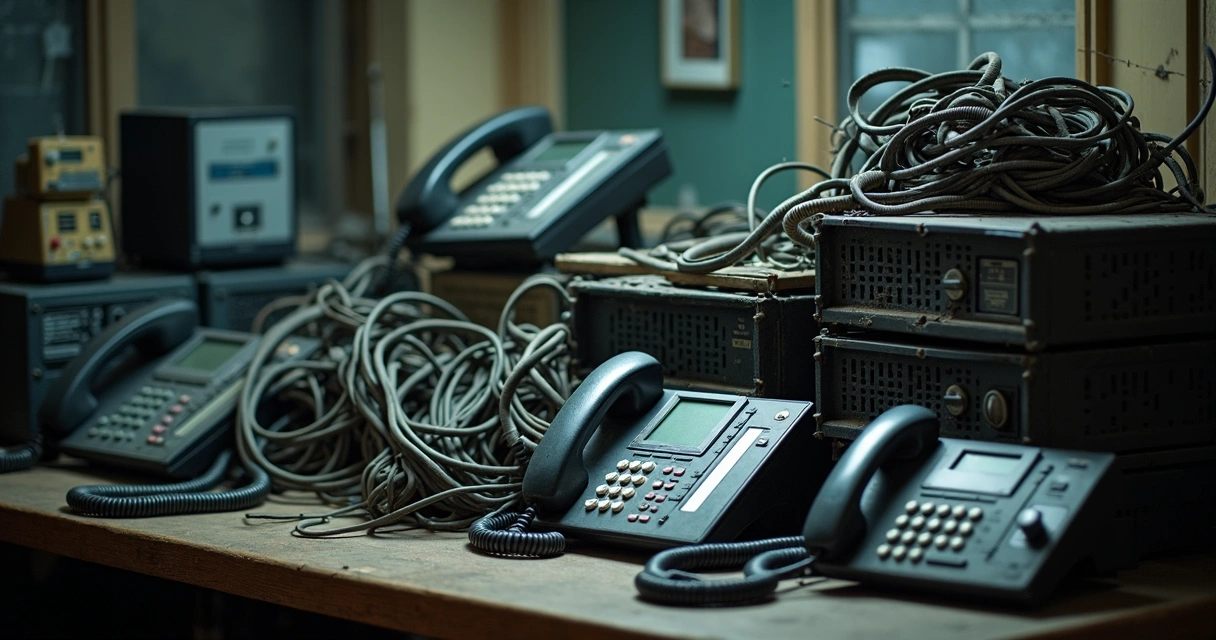 Antigos equipamentos de telefonia em um canto escuro 