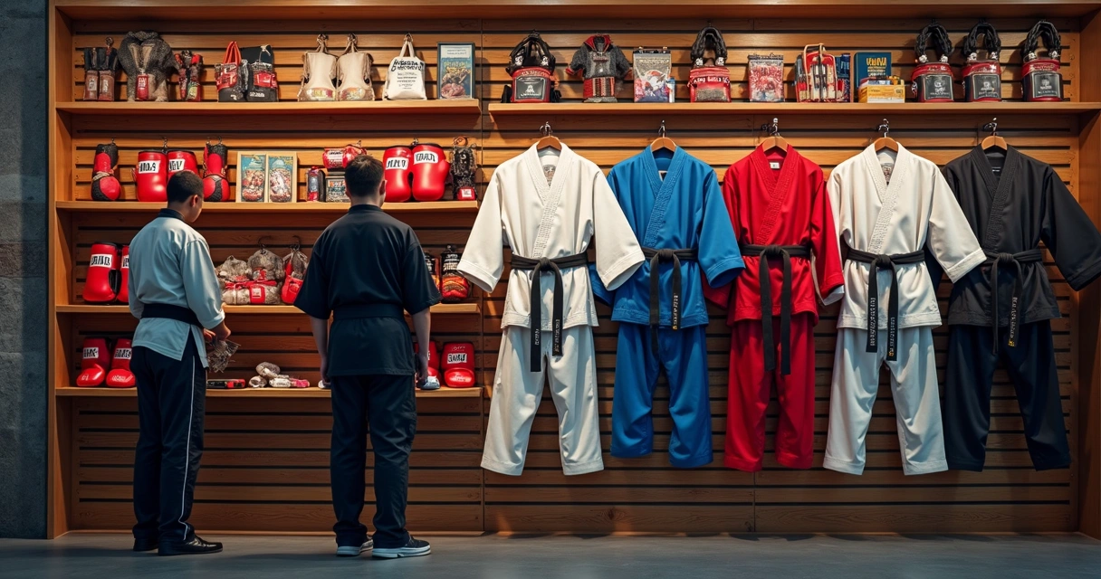 Exposição de equipamentos de artes marciais em academia 