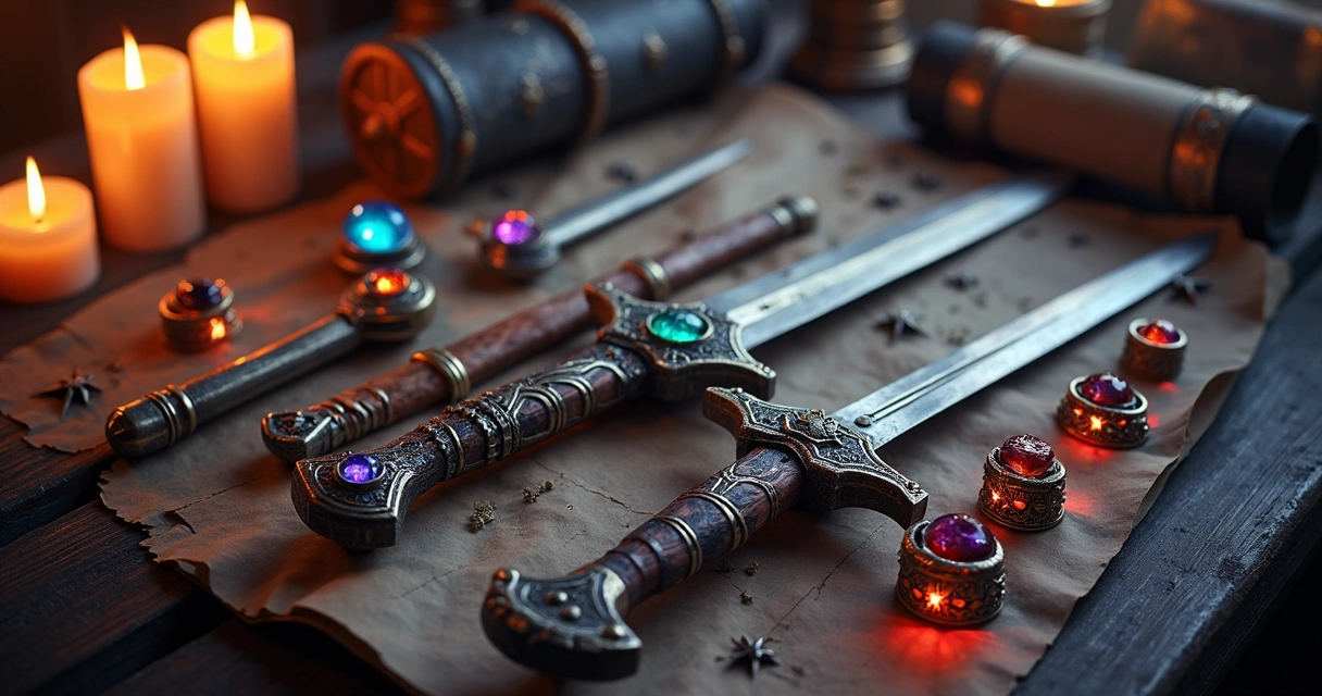 Armas e equipamentos do Tibia com bônus de crítico exibidos em uma mesa de madeira 