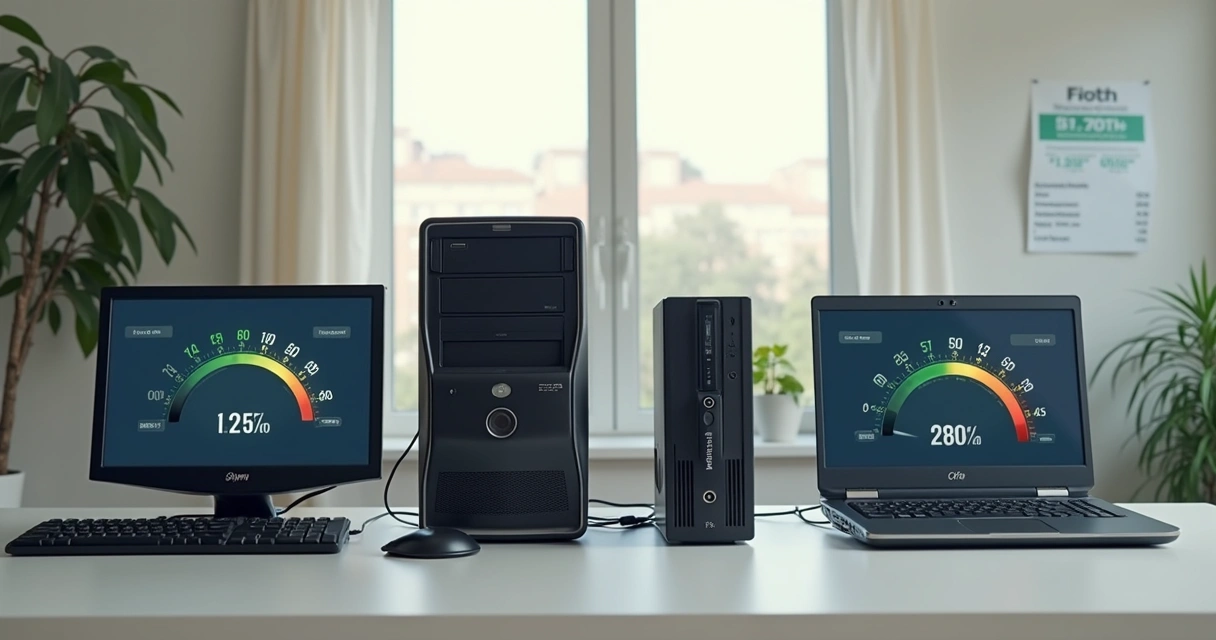 Computadores antigos ao lado de novos equipamentos de baixo consumo 